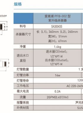 美国滨特尔原装Pentair紫外杀菌灯 制冰机 直饮水等冷水水路标配