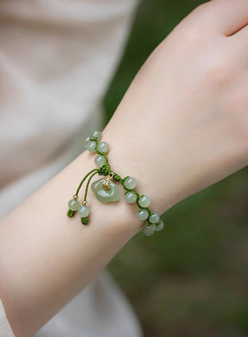 和田玉手串复古风转运珠如意锁手链女串珠轻奢小众精致编织手绳