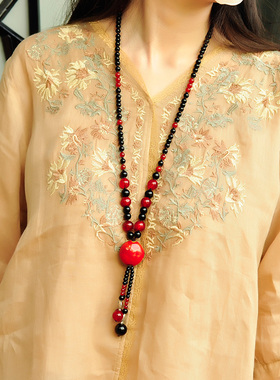 民族风红色毛衣链陶瓷项链长款女复古风新款吊坠中国风高档装饰品