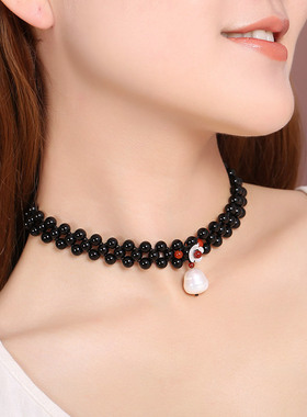 复古黑色水晶双层项链女锁骨链轻奢小众脖子饰品项圈颈带颈链