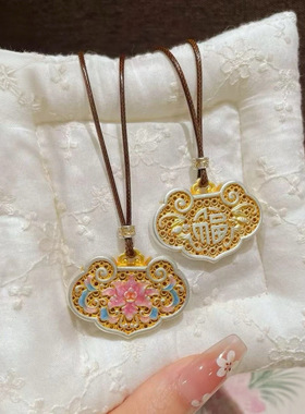 描金古法花丝镂空珐琅福字锁蝙蝠福牡丹花长款项链女款毛衣链吊坠