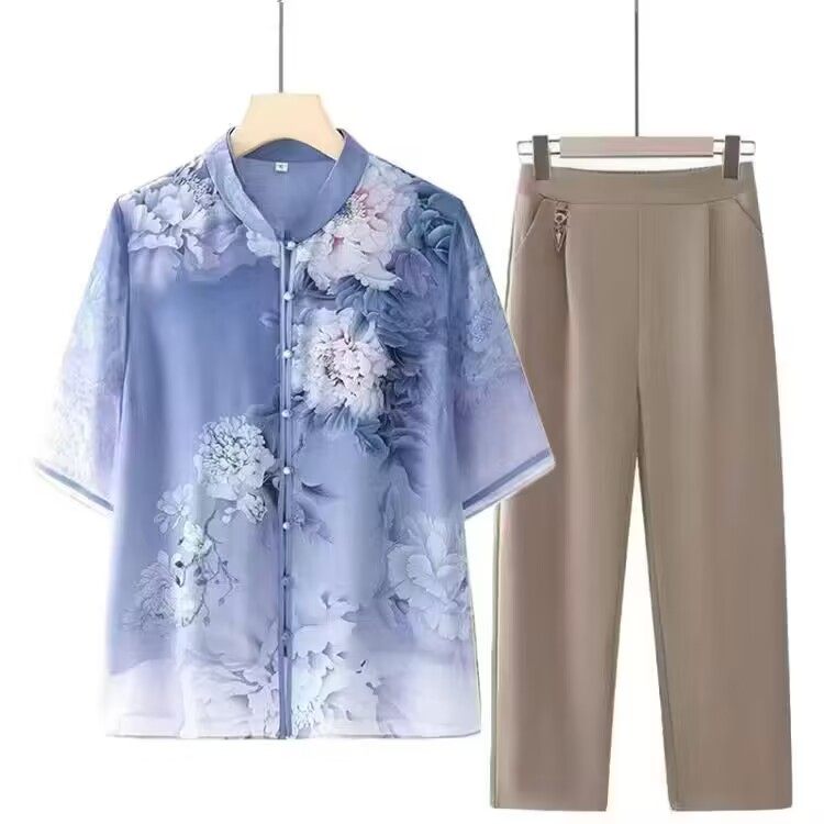 中老年妈妈夏装两件套装中袖雪纺衬衫老人衬衣印花中年女开衫薄款,淘宝优惠券,粉丝福利购,淘宝优惠卷