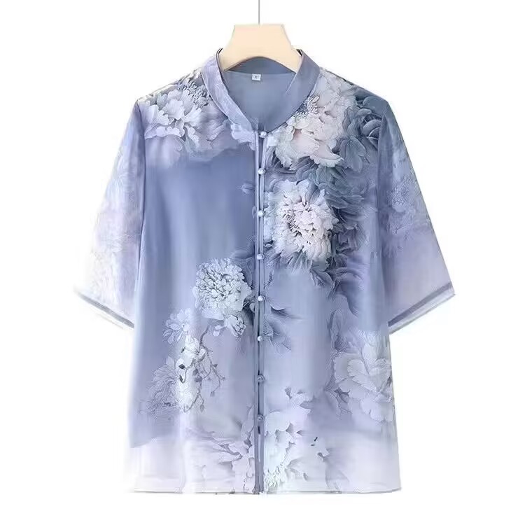 中老年妈妈夏装两件套装中袖雪纺衬衫老人衬衣印花中年女开衫薄款,淘宝优惠券,粉丝福利购,淘宝优惠卷