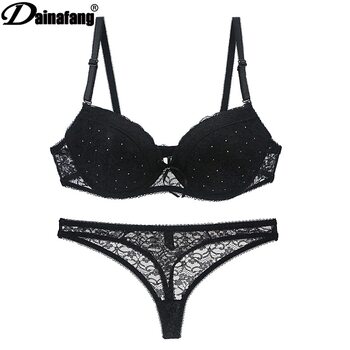 Beaded European and American large size thong sexy girl set collect 200 pounds thin cup lace underwear 100D