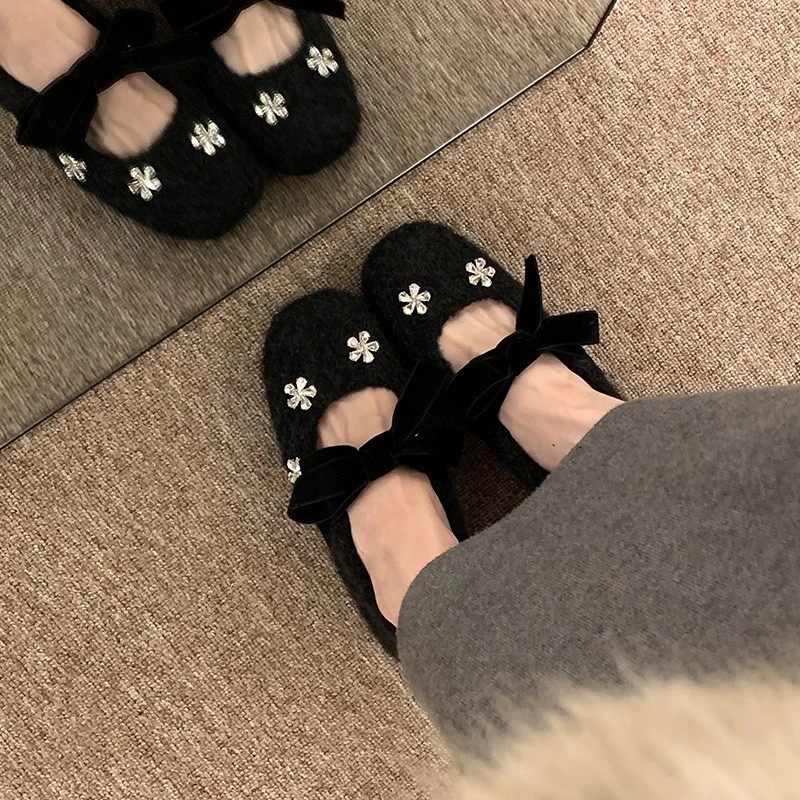 花朵水钻加绒内增高玛丽珍鞋女2025秋冬季新款毛呢保暖小香风单鞋,淘宝优惠券,粉丝福利购,淘宝优惠卷