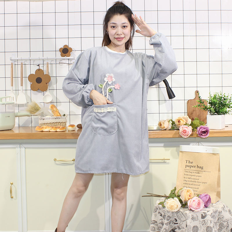 韩式灯芯绒围裙家用厨房带袖子防水防污时尚做饭罩衣女小个子长袖