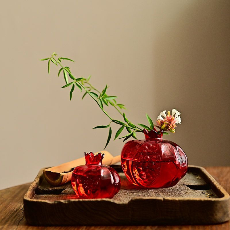 简约中式红色玻璃石榴花器餐桌茶席桌面花瓶摆件水培植物高颜值潮,淘宝优惠券,粉丝福利购,淘宝优惠卷