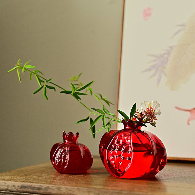 简约中式红色玻璃石榴花器餐桌茶席桌面花瓶摆件水培植物高颜值潮,淘宝优惠券,粉丝福利购,淘宝优惠卷