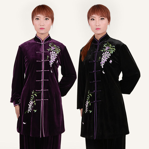 太极拳服装金丝绒刺绣太极服秋冬季不倒绒南韩绒练功服长款女定做 - 图2