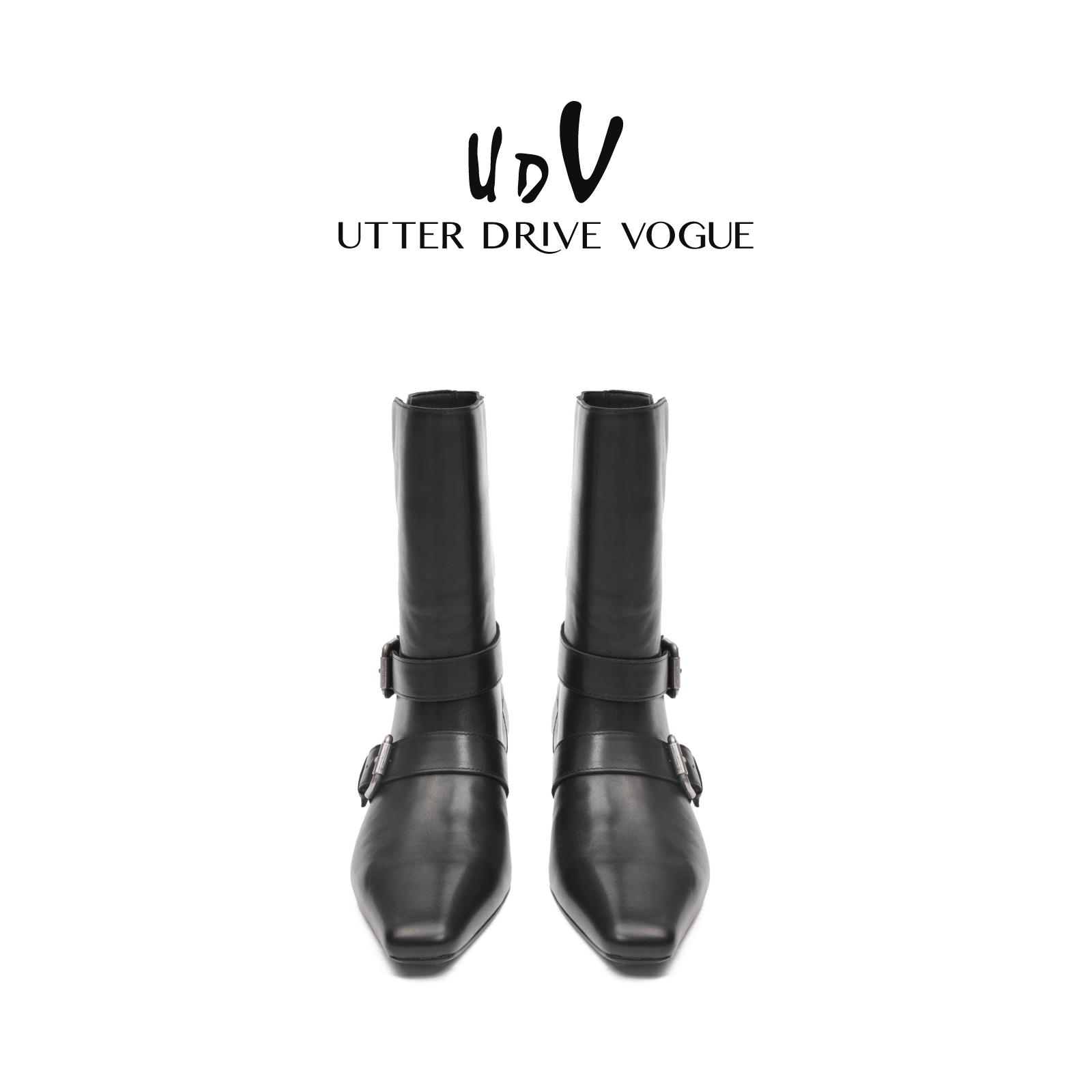 UDV真皮尖头高跟短靴女2025秋季新款裤管鞋子粗跟港风超火小短靴 - 图2