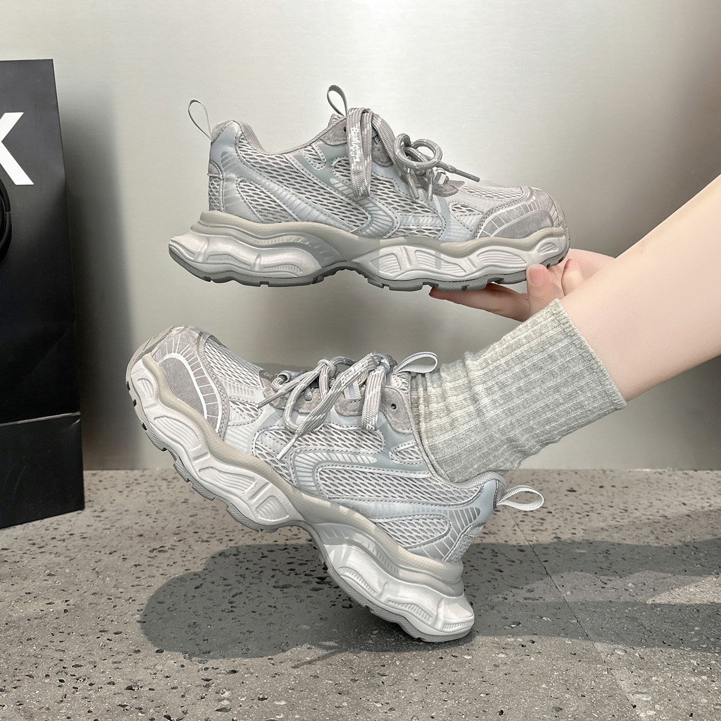 欧洲站灰色老爹鞋女2026春季新款爆款真皮厚底网面透气运动休闲鞋,淘宝优惠券,粉丝福利购,淘宝优惠卷