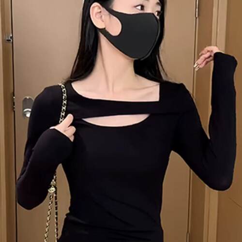 黑色性感镂空打底衫女秋冬季洋气内搭外穿加绒大码显瘦设计感小衫 - 图1