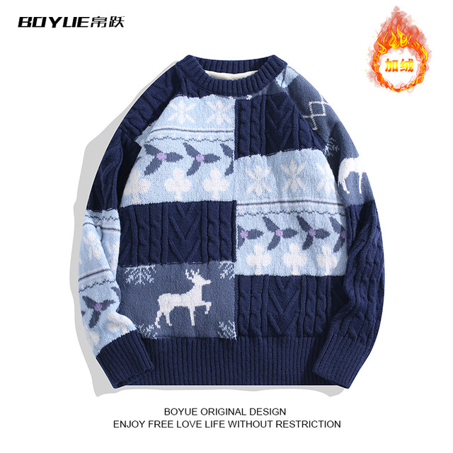 Boyue leap retro Christmas sweater autumn and winter American tide brand plus velvet laziness high -level high -level niche sweater men