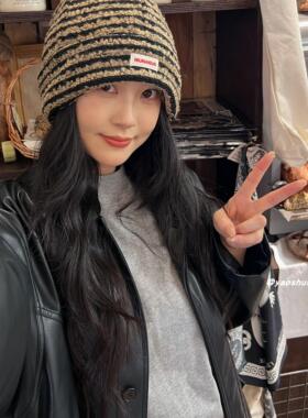 秋冬男女条纹针织帽护耳毛线帽女