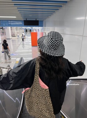 波点大檐绑带遮阳帽格子渔夫帽女