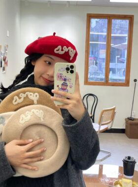 姚叔叔新年帽子显白红色贝雷帽