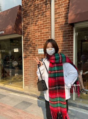 秋冬百搭圣诞红格仿羊绒长款围巾
