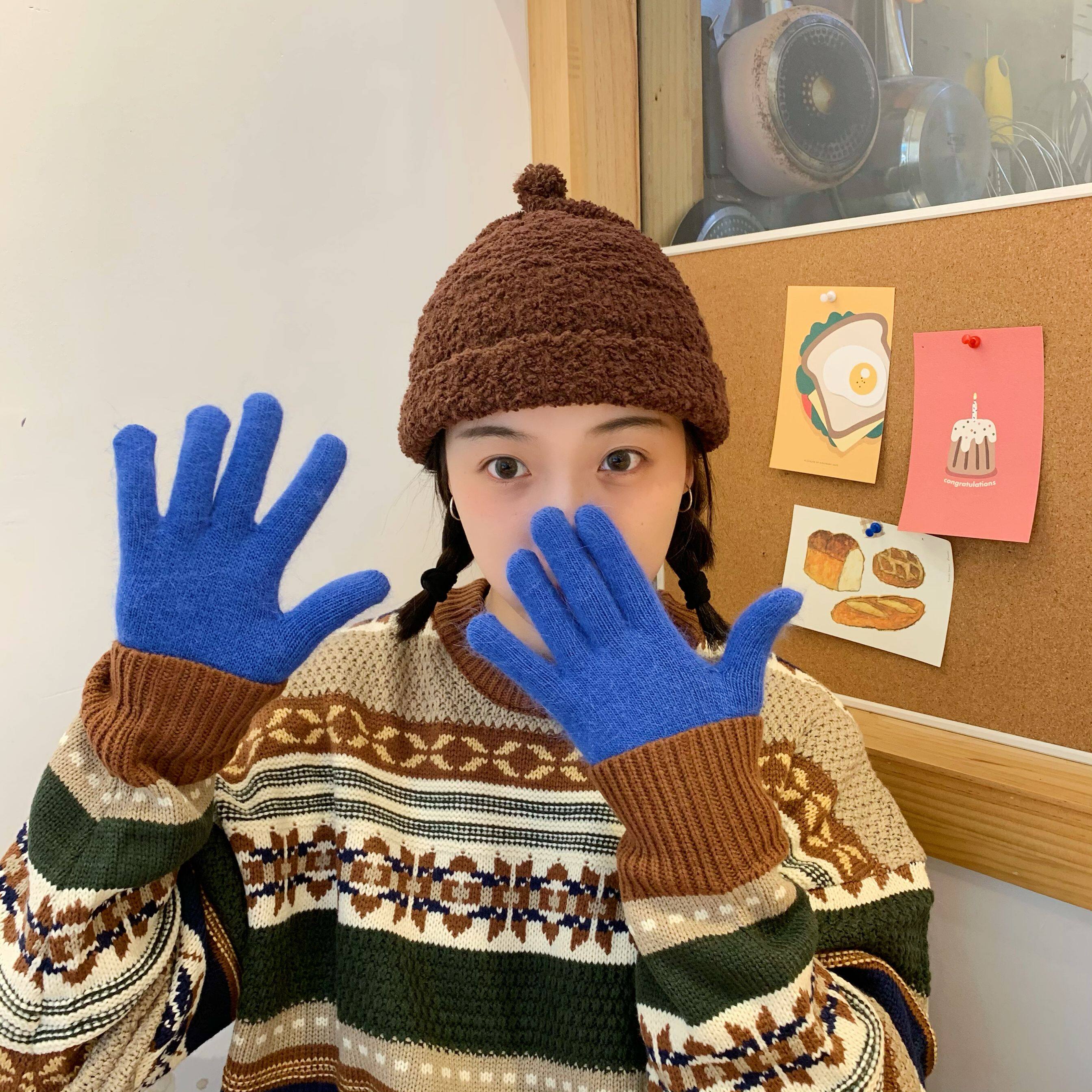 姚叔叔/升级版！颜色好看自带滤镜百搭加绒保暖兔毛五指手套秋冬