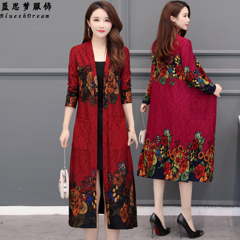 春季新品长款长袖民族风印花开衫 蓝思梦服饰短外套