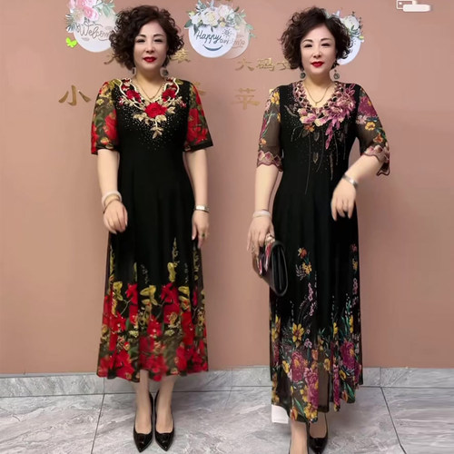 夏季大摆连衣裙女妈妈装短袖长款过膝印花裙子刺绣V领中老年裙子 - 图0