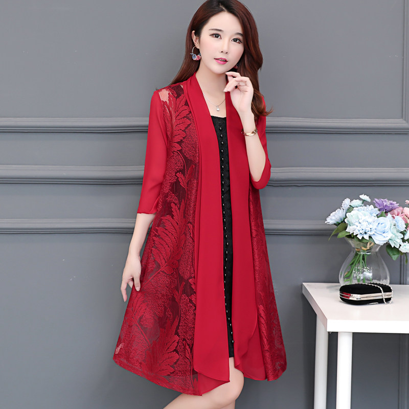 中长款中袖开衫百搭大码胖mm雪纺 蓝思梦服饰短外套