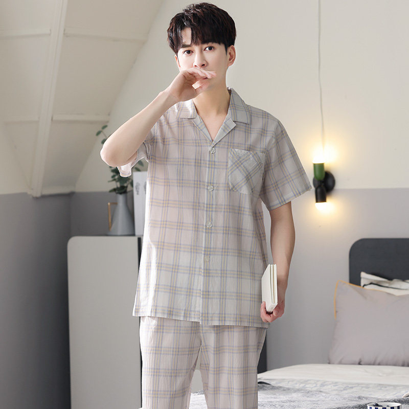男士夏季梭织纯棉布短袖长裤睡衣 蜜妮佳服饰睡衣/家居服套装