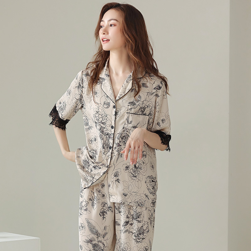 蜜妮佳服饰专营店睡衣女夏季冰丝短袖长裤薄款夏天韩版开衫仿真丝绸家居服两件套装2