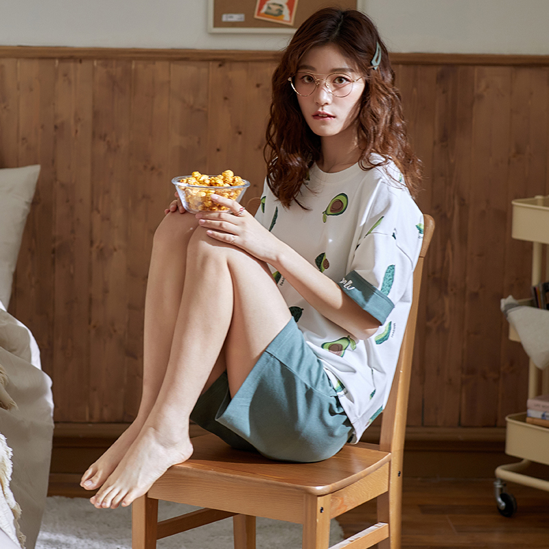 蜜妮佳服饰专营店夏季睡衣女薄款纯棉短袖短裤牛油果绿韩版家居服女夏可外穿套装1