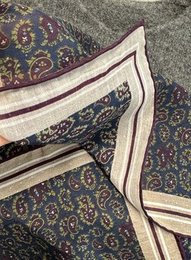 30%桑蚕丝70%有机棉 暗纹提花蓝紫佩斯利丝棉围巾65×65cm