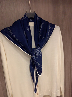 年花可可藏青 l*p经典花色老钱质感桑蚕丝绵羊毛空调披肩女85CM