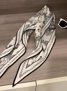城市街景菱形巾 米白色减龄桑蚕丝绵羊毛百搭围巾女130×42CM