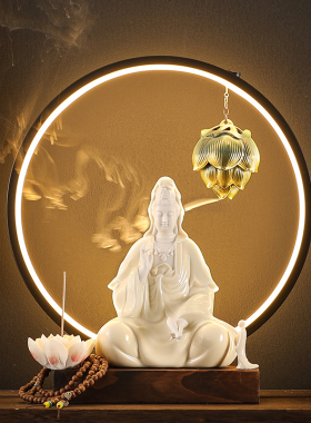 新中式陶瓷禅意观音菩萨摆件家居客厅茶室桌装饰品茶空间灯饰摆设