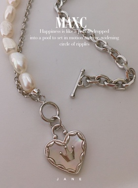 韩国INS风百搭卫衣毛衣链天然淡水珍珠铜镀铂金项链爱心皇冠吊坠