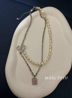 MAXC设计天然巴洛克异形珍珠项链女蝴蝶结粉锆吊坠OT扣包金毛衣链