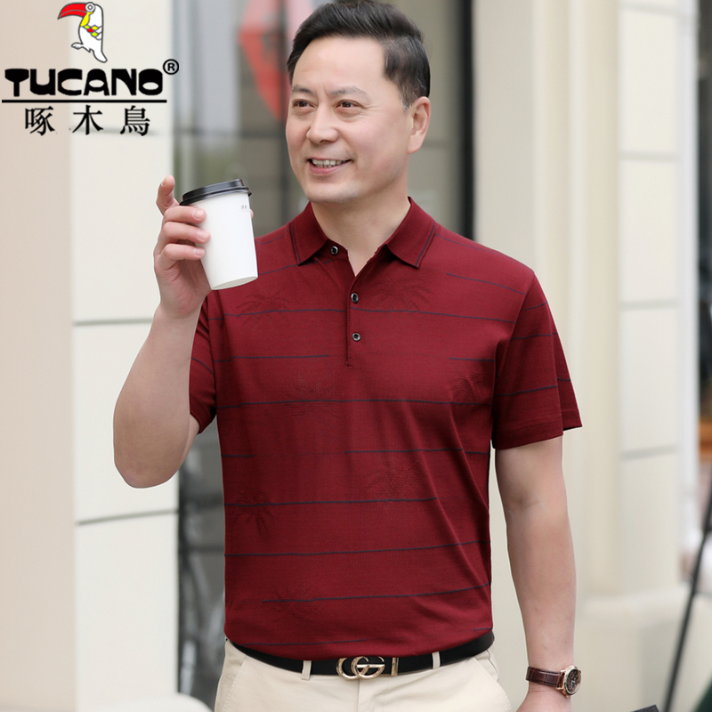 啄木鸟桑蚕丝中老年男短袖翻领t恤红色喜公公爸爸装Polo衫40-50岁