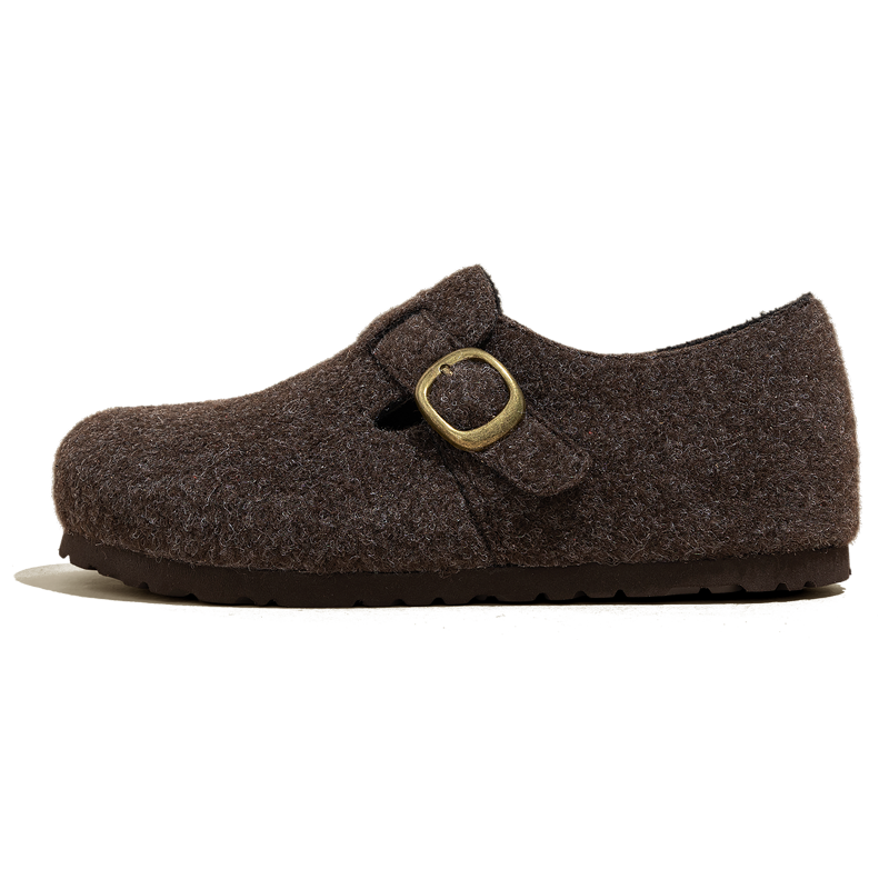 棕色毛呢勃肯鞋女款2025新款冬季加绒女鞋百搭单鞋内增高厚底鞋子 - 图0