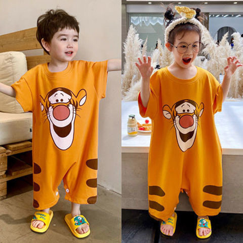 Summer pure cotton short-sleeved jumpsuit for boys and girls, parent-child jumpsuit, cartoon cute middle-aged and older children's home clothes