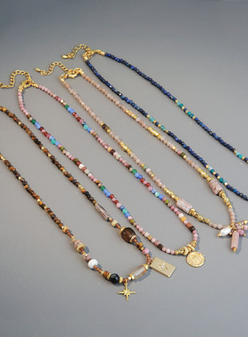 彩色新款天然石波西米亚风项链小众手工高级感合金吊坠锁骨链批发