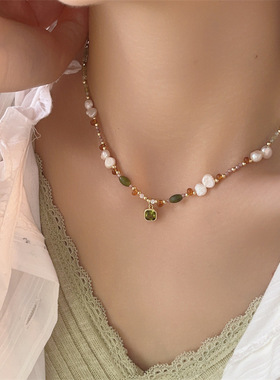淡水巴洛克珍珠项链 少女森林橄榄石锁骨链 水晶串珠颈链