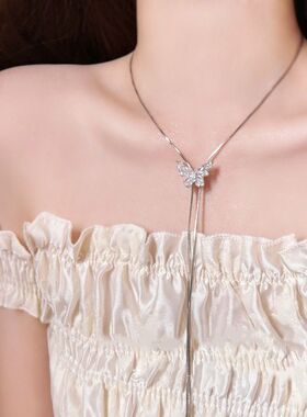 银色蝴蝶流苏长款项链女2026新款锁骨链小众高级感抽拉可调节配饰