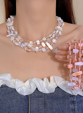 欧美夸张个性三层贝壳水晶串珠项链女波西米亚风颈链跨境时尚项饰
