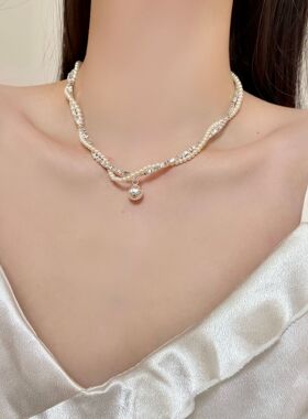 碎银子珍珠吊坠双层缠绕项链法式轻奢高级感赫本风时尚小众锁骨链