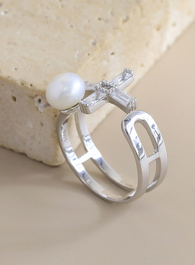 新款S925纯银珍珠戒指女简约气质ins十字架开口可调节指环DIY手工