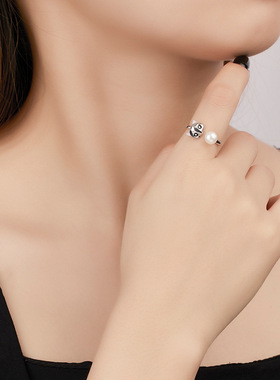 珍珠戒指S925纯银狐狸珐琅滴釉空托配件diy银饰品开口可调节指环