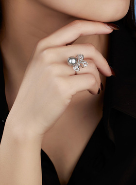 S925纯银大溪地贝珠戒指小众设计轻奢高级蝴蝶结指环DIY配件银托
