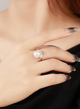 戒指女小众级轻奢S925纯银拉丝施家贝珠蜜蜂活口指环空托DIY配件