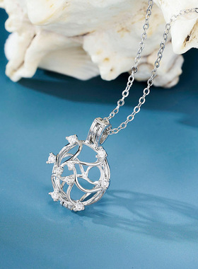 跨境S925纯笼子吊坠女小众设计盒子镂空镶嵌锆石锁骨链DIY空托