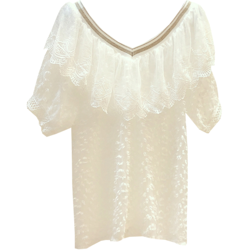 子墨精品时装夏季新款荷叶边拼接V领薄款雪纺衫女设计感洋气甜美显瘦上衣3