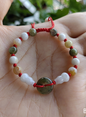 定制天然翡翠手工多宝单圈玉石宝宝手链防四眼金钱平安扣八卦葫芦