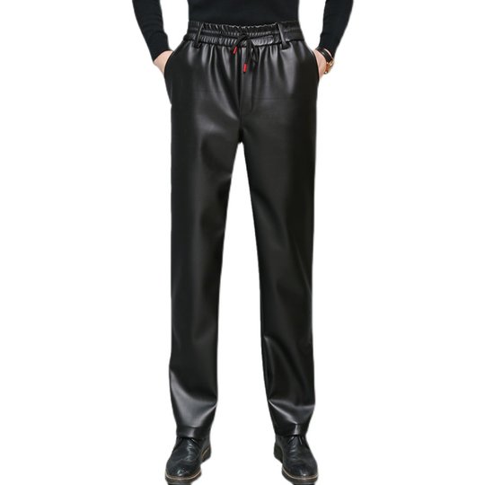 防风防水冬季男士高腰皮裤摩托车加绒中老年休闲皮裤宽松直筒长裤